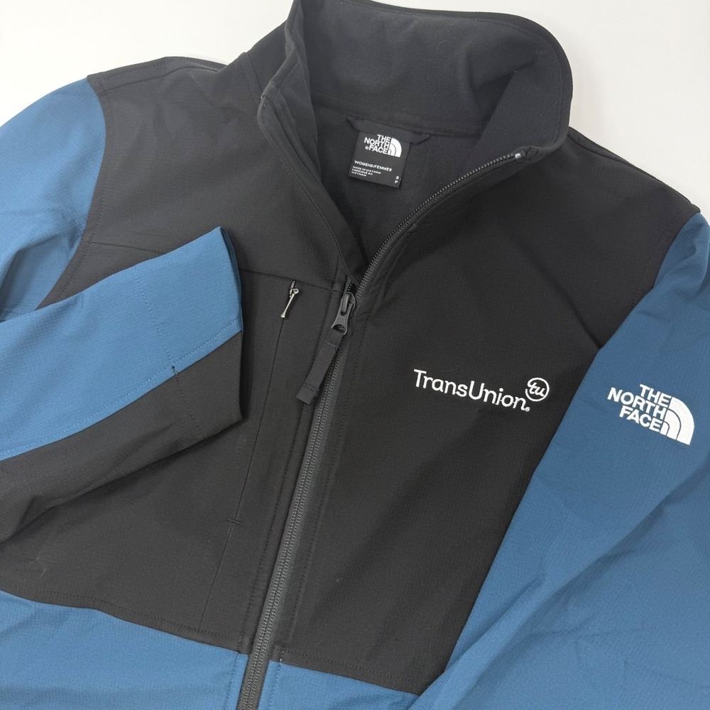 The North Face Womens Small Blue Black Softshell Full Zip Jacket TransUnion Logo